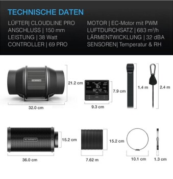 AC-Infinity udluftningssæt Pro 683 m³/t ø150 mm med Controller AI+