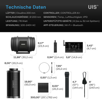 AC-Infinity udluftningssæt Pro 1370 m³/t ø200 mm med Controller AI+